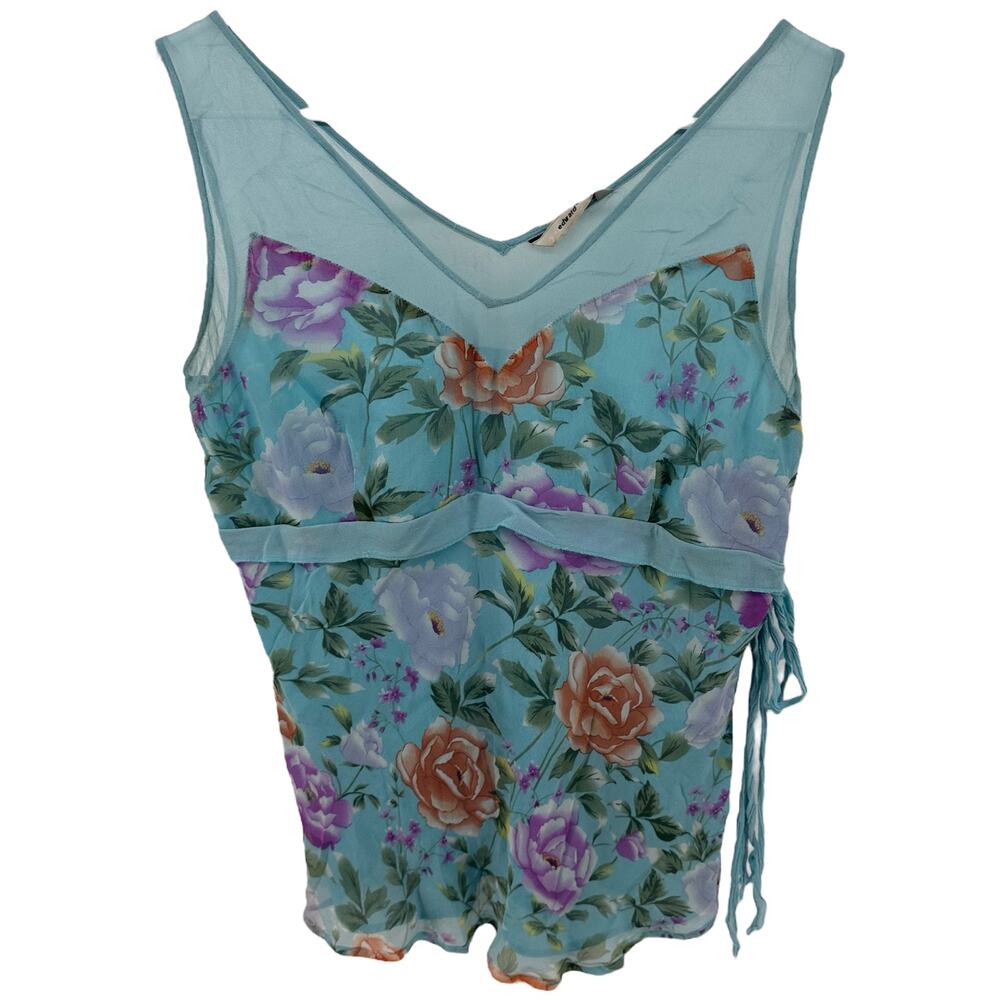 Vintage Edward Tank Top Y2K Blouse Floral Mesh V Neck Tie Waist Blue M